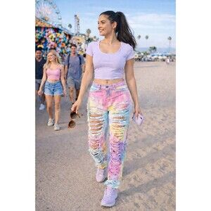 NWT Unicorn Tie Dye Distressed Jeans Sz S Rainbow Streetwear Dance American Bazi